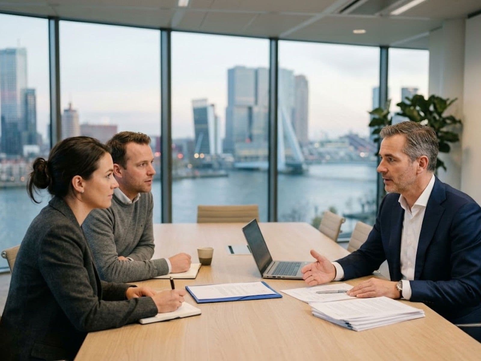 Adviesgesprek met twee ondernemers aan de vergadertafel, met de Rotterdamse skyline en de Erasmusbrug op de achtergrond